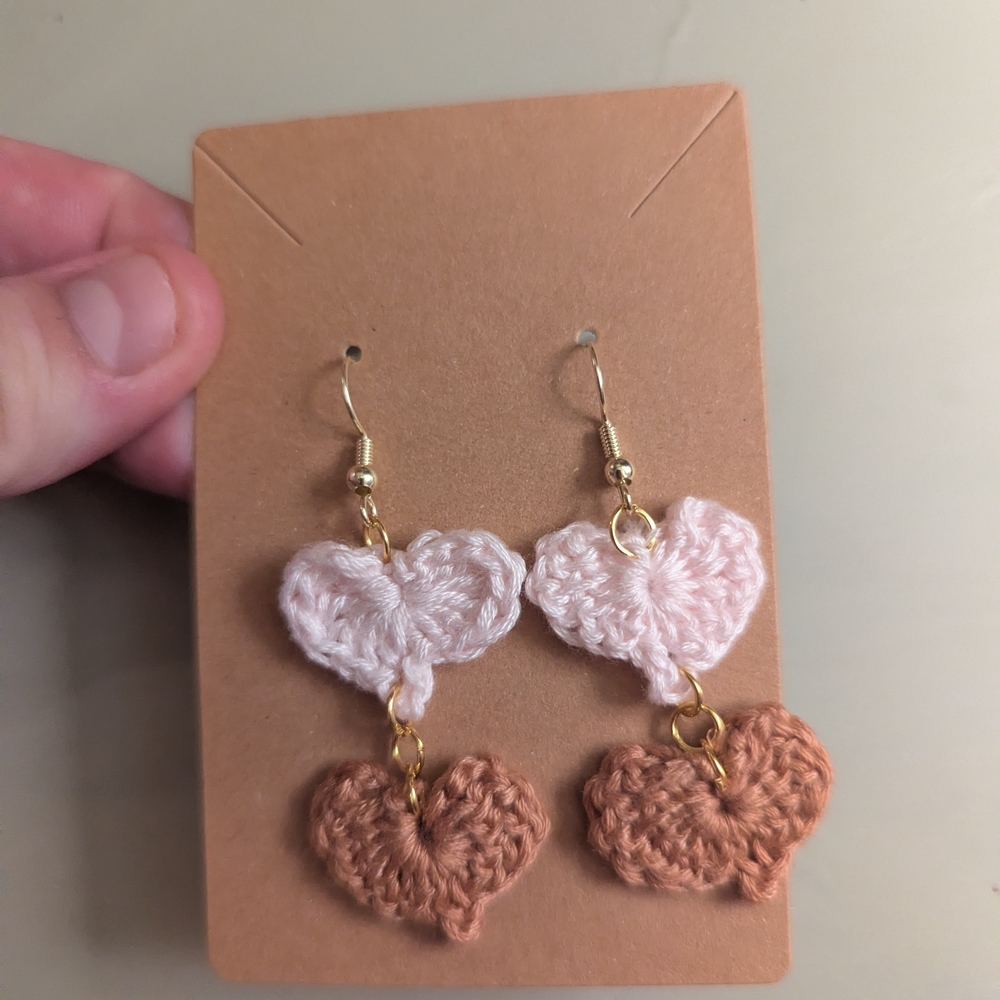 NEW 💖Crochet Heart Earrings in Pink and Tan
